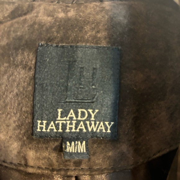 LADY HATHAWAY Sz L Blazer Jacket Suede Pockets Lined Pockets Flaw on Sleeve - Picture 2 of 10